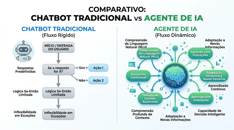Comparativo visual entre chatbot com fluxo rígido e agente de IA com raciocínio dinâmico para atendimento no WhatsApp