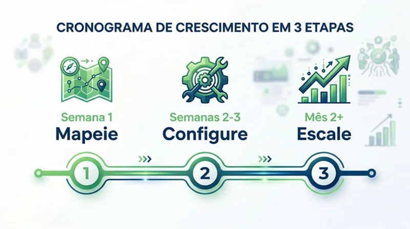 Infográfico com cronograma de 3 etapas para implementar agente de IA no WhatsApp em PMEs sem programador