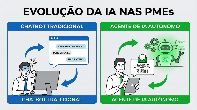 Infografico comparando interação manual com chatbot versus automação completa com agente de IA em ambiente de pequena empresa