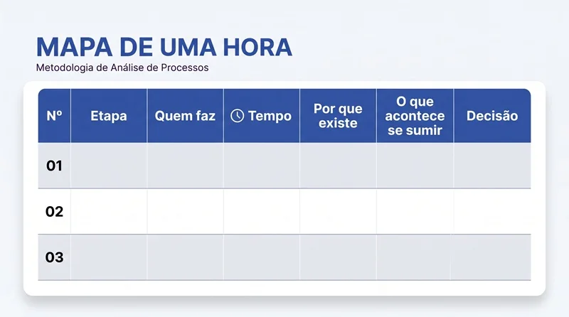 Modelo de tabela com colunas de etapa, responsável, tempo, motivo e decisão para mapear um processo da PME