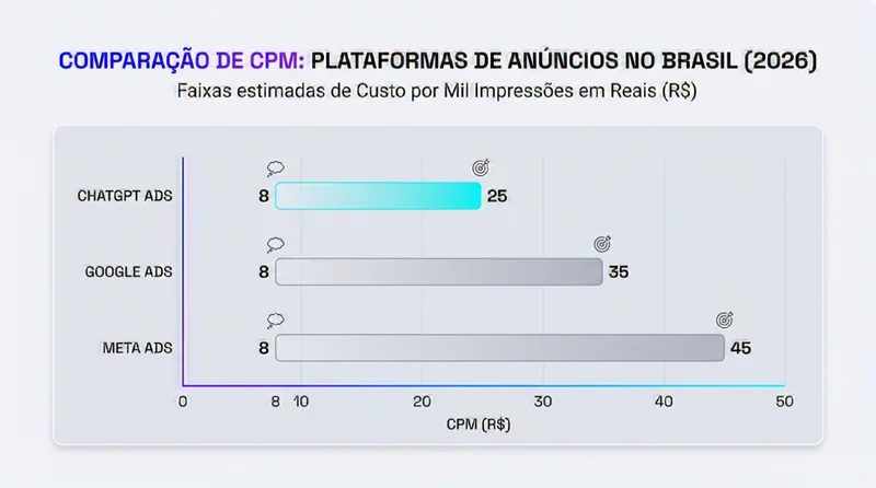 Grafico comparando o CPM do ChatGPT Ads com Google Ads e Meta Ads no mercado brasileiro