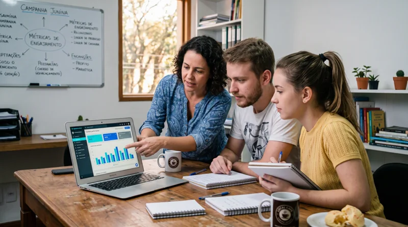 Equipe de pequena empresa analisando estratégia de conteúdo para aparecer em respostas do ChatGPT