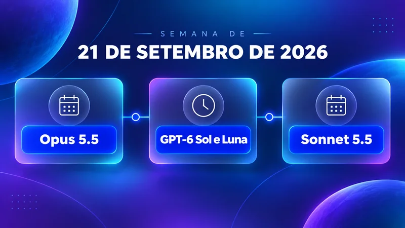 Linha do tempo com os lançamentos Opus 5.5, GPT-6 Sol e Luna e Sonnet 5.5 em setembro de 2026