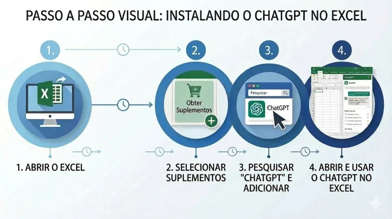 Infografico com 4 passos para instalar e ativar o add-in ChatGPT no Microsoft Excel