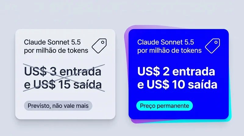 Infográfico comparando o preço previsto do Claude Sonnet 5.5 com o preço permanente de 2 e 10 dólares por milhão de tokens