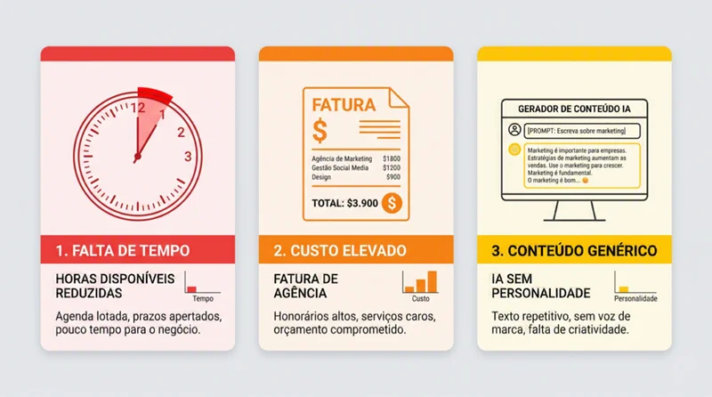 Infográfico com os três problemas de conteúdo que PMEs enfrentam: falta de tempo, agência cara e IA sem método
