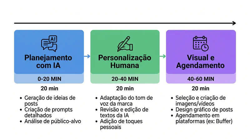 Infográfico da rotina semanal de 1 hora para criar conteúdo de redes sociais com IA em três etapas de 20 minutos