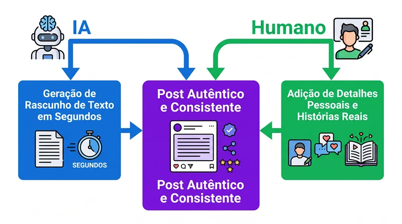 Diagrama do workflow híbrido de conteúdo para redes sociais mostrando IA e revisão humana convergindo no post final autêntico