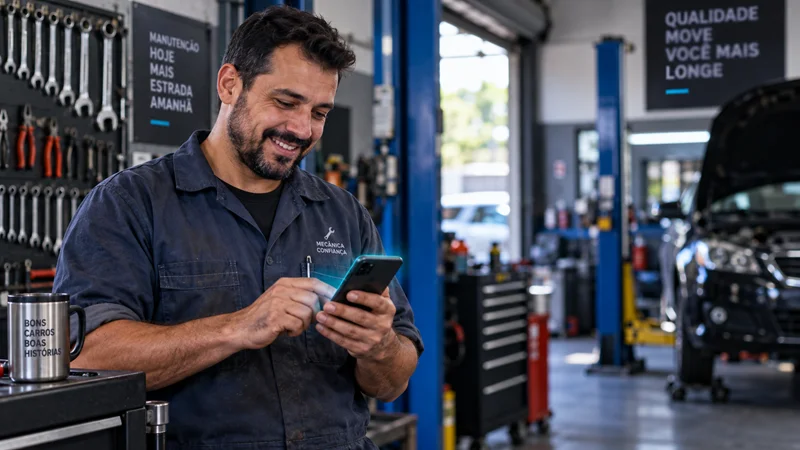 Dono de oficina respondendo avaliação de cliente pelo celular em rotina semanal de reputação