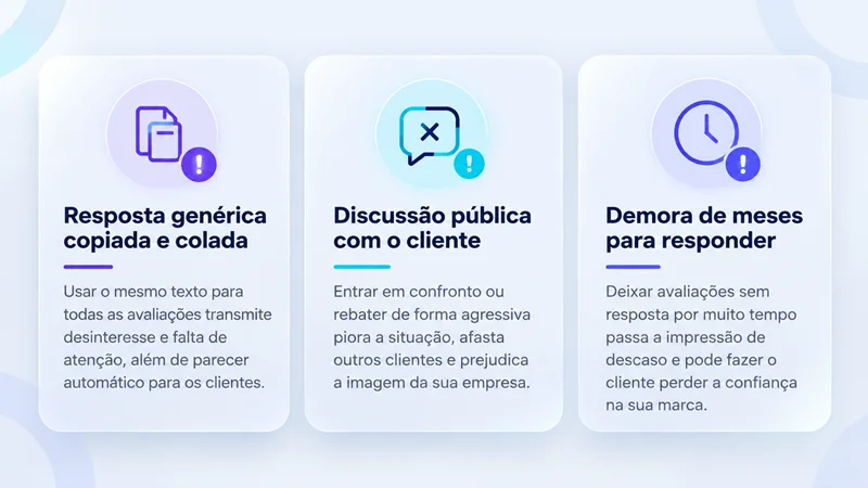 Infográfico com os erros mais comuns ao responder avaliações de clientes no Google