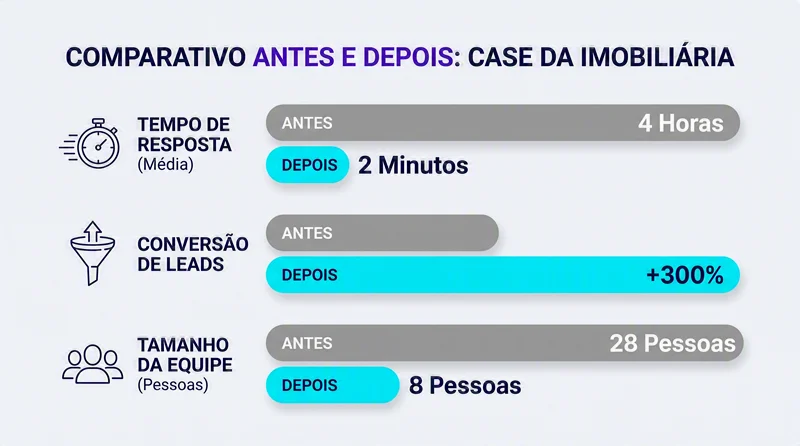 Gráfico comparando tempo de resposta e conversão de leads antes e depois de agentes de IA em imobiliária
