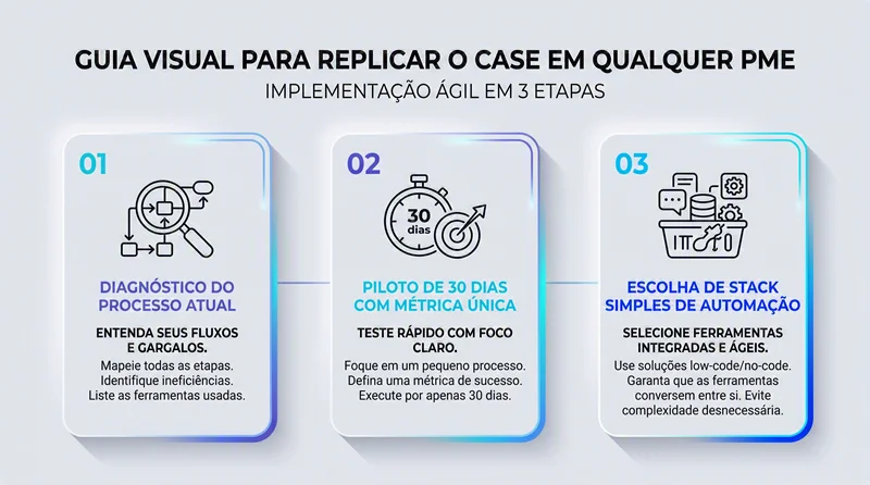 Infográfico com diagnóstico, piloto e métrica para implementar agentes de IA no atendimento de PME