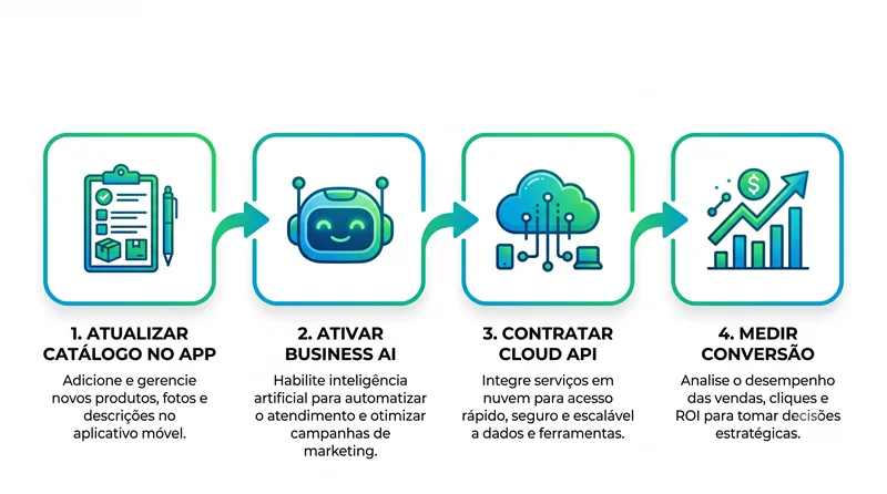 Infográfico com guia em 4 etapas para implementar WhatsApp Business com IA, marketplace nativo e Pix na PME em 2026