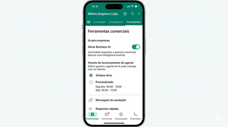 Tela do WhatsApp Business mostrando configuração do Business AI gratuito da Meta com toggle de ativação e opções de horário