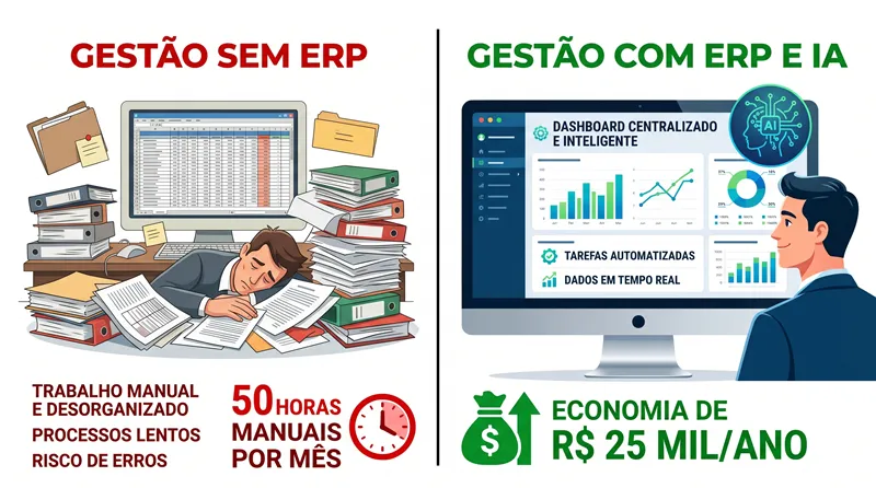 |Infográfico comparando gestão manual com planilhas e gestão com ERP e IA mostrando economia de R$ 25 mil por ano e 50 horas mensais