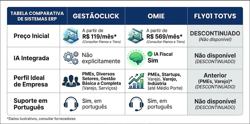 Tabela comparativa de ERPs com inteligência artificial para pequenas empresas brasileiras com preços e funcionalidades disponíveis em 2026