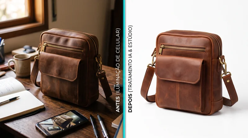 Comparação de foto de produto antes e depois de tratamento com IA para catálogo de e-commerce