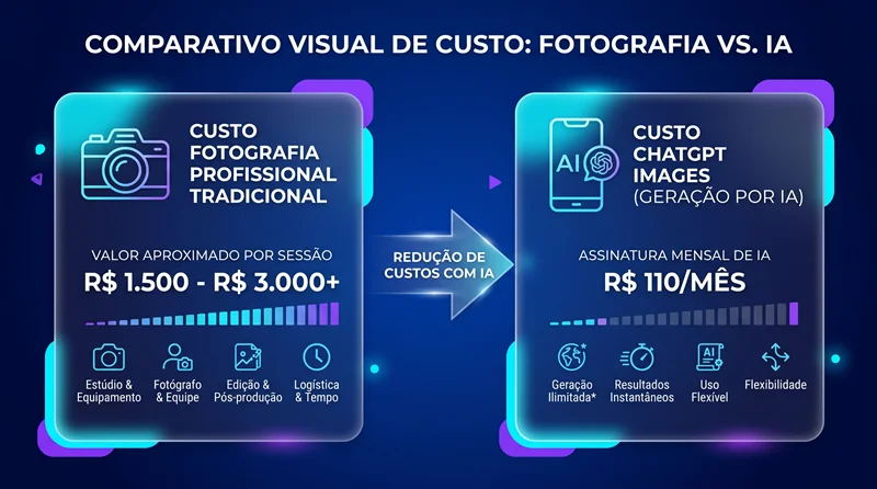 Infográfico comparando custo de fotógrafo profissional com custo de fotos geradas por IA para PME