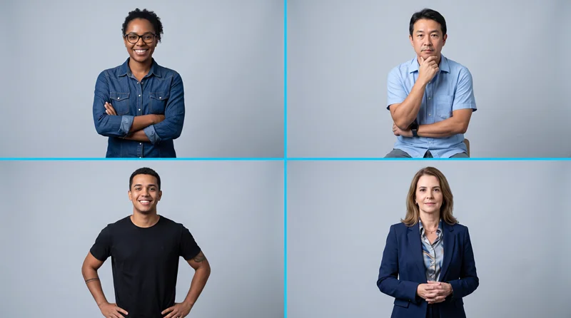 Grade de retratos de equipe de PME padronizados com fundo neutro usando ChatGPT Images