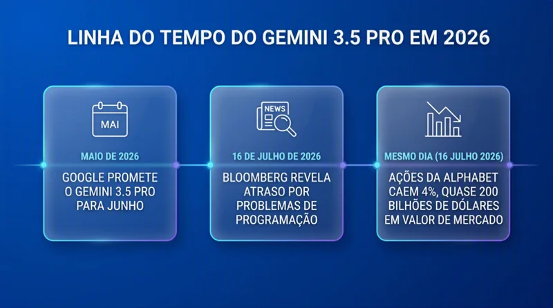 Linha do tempo mostrando o atraso do Gemini 3.5 Pro e a queda das ações da Alphabet em 2026