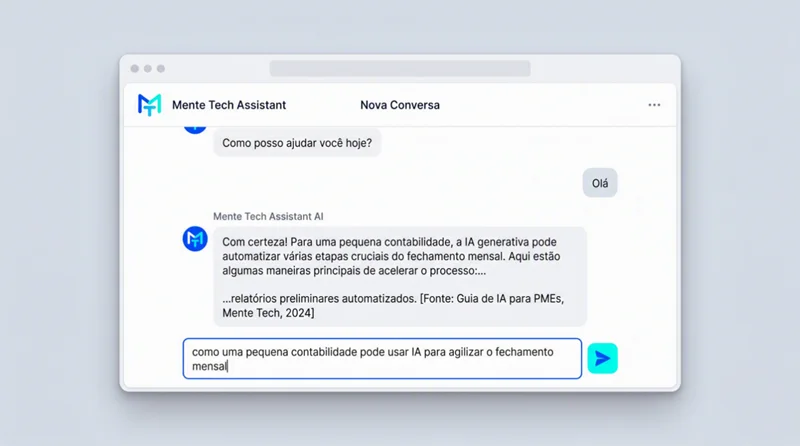 Interface de assistente de IA respondendo pergunta de PME sobre automação com uma fonte citada