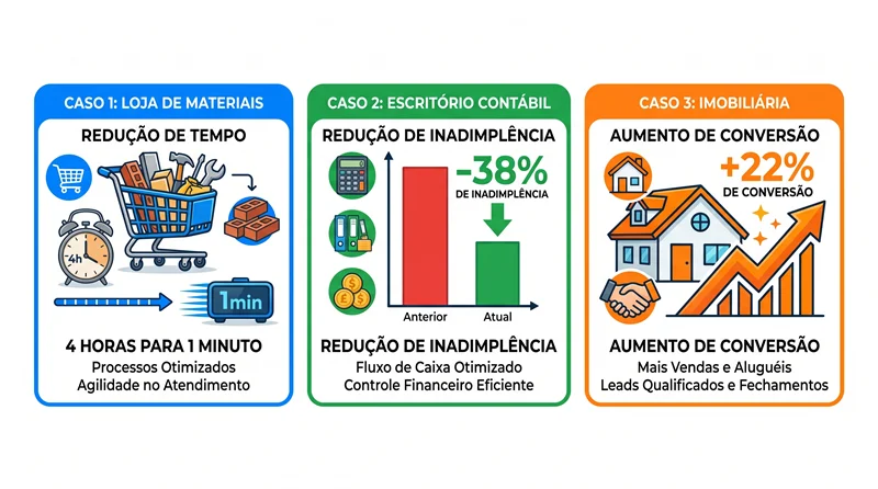 Infográfico com três casos de uso de IA agêntica em PMEs brasileiras mostrando resultados em atendimento, cobrança e qualificação de leads