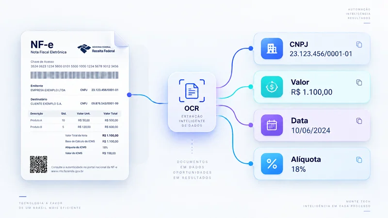 Diagrama mostrando extração automática de CNPJ, valor, data e alíquota de nota fiscal por OCR
