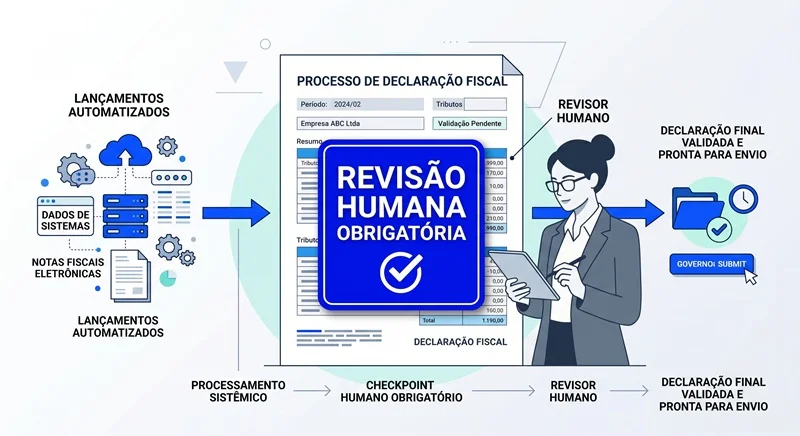 Infográfico destacando a revisão humana obrigatória sobre lançamentos fiscais automatizados por IA