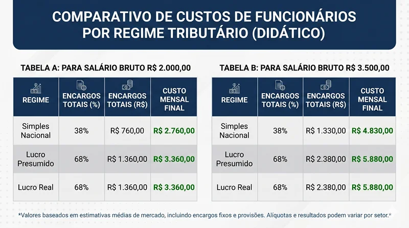 Tabela comparando custo total de funcionário CLT entre regimes tributários no Brasil com encargos detalhados em 2026