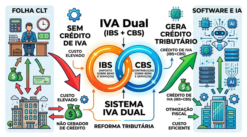 Diagrama comparando tratamento tributário da folha CLT versus contratação de software e IA sob o novo IVA brasileiro