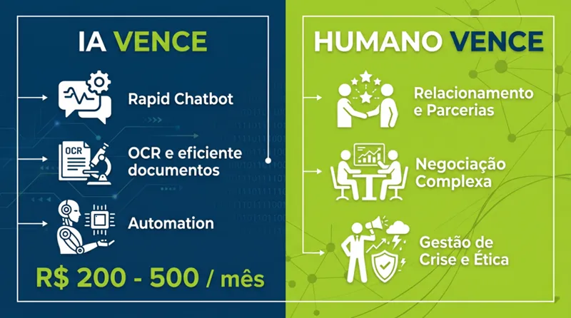 Infográfico comparando funções automatizáveis por IA com funções que requerem trabalho humano em pequenas empresas