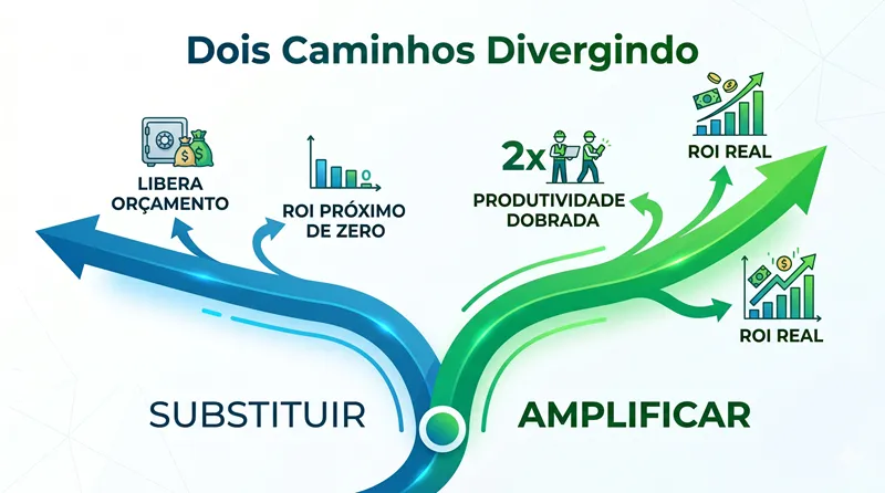 Infográfico comparando estratégia de substituição por IA versus amplificação de equipe com resultados de ROI diferentes