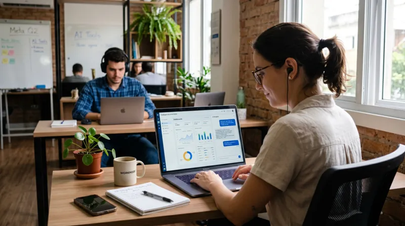 Profissional de PME usando ferramenta de IA para ampliar produtividade mantendo conhecimento humano no atendimento