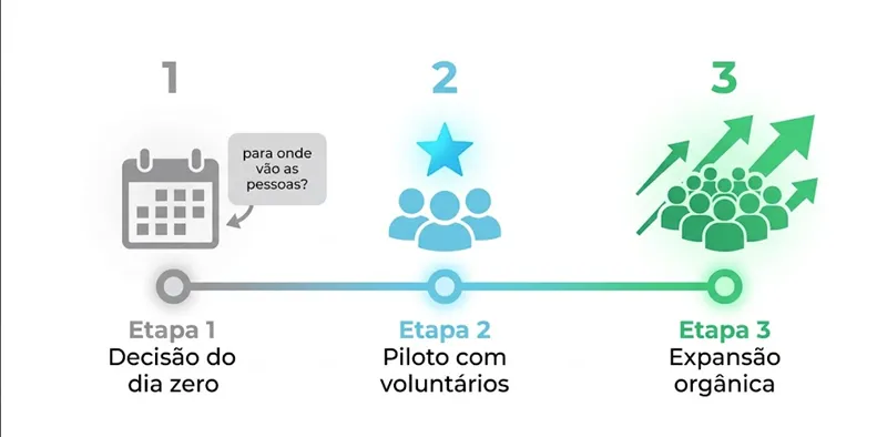 Infográfico com as três etapas de implementação de IA que garantiram zero demissões em projetos de PMEs brasileiras: decisão no dia zero, piloto com voluntários e expansão orgânica