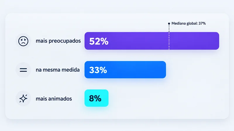Gráfico de barras com 52% dos brasileiros mais preocupados, 33% na mesma medida e 8% mais animados com a IA