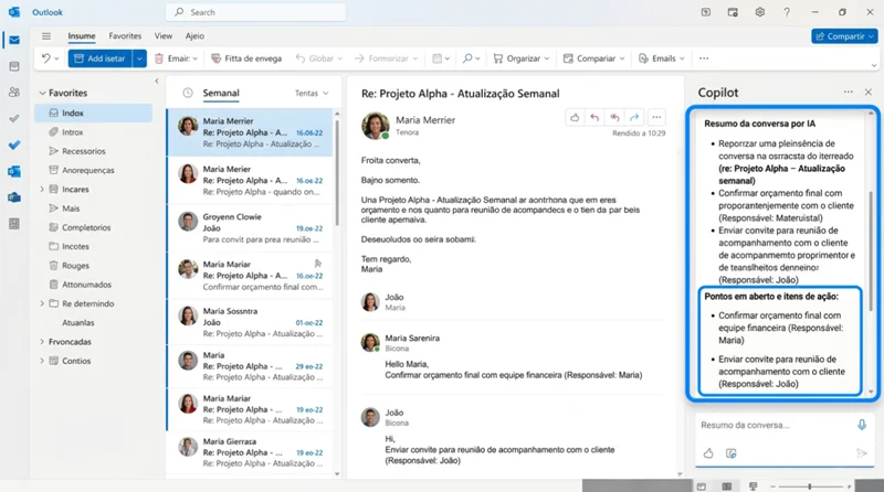 Painel do Microsoft Copilot Business no Outlook resumindo thread longa de emails corporativos em português