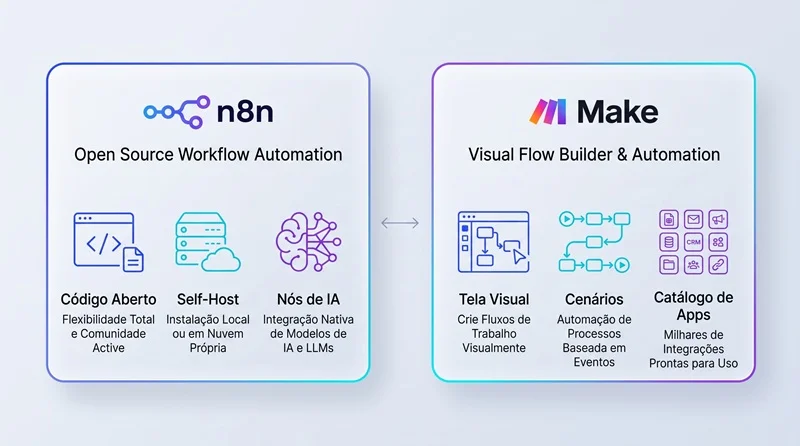 Diagrama comparando as propostas do n8n e do Make para automação de processos em PMEs