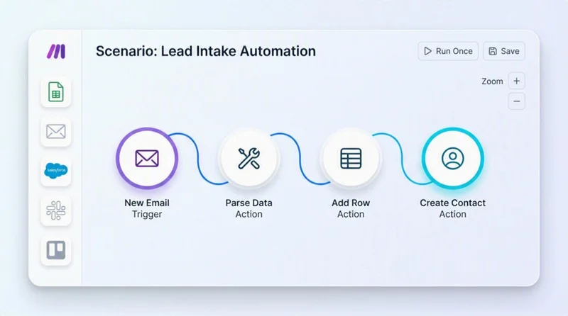 Representação da interface visual do Make usada para configurar automações sem código em PMEs