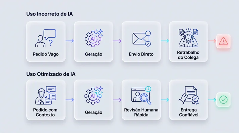 Diagrama comparando fluxo de uso de IA sem revisão e com revisão humana antes da entrega