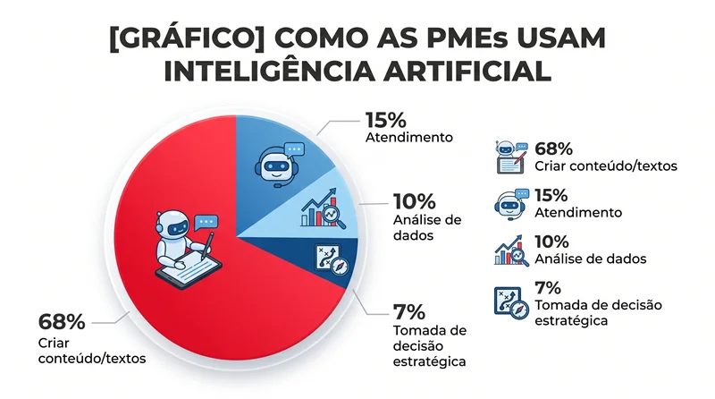 Gráfico pizza sobre uso de IA em PMEs mostrando que 68% utilizam só para criação de conteúdo e 7% para decisão estratégica