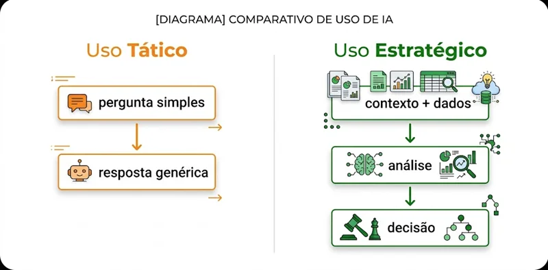 Diagrama comparando uso tático e estratégico de IA com fluxo de entrada de dados e saída de análise para PMEs
