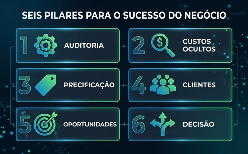 Infográfico com seis prompts estratégicos de IA organizados em cards por categoria para pequenas e médias empresas