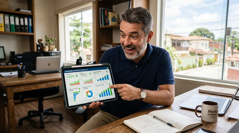 Proprietário de pequena empresa analisando resultados estratégicos de IA em tablet com dashboard financeiro