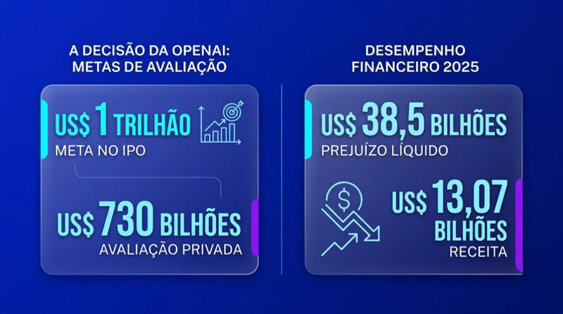 Infografico comparando a avaliacao pretendida da OpenAI no IPO com seu prejuizo liquido de 2025