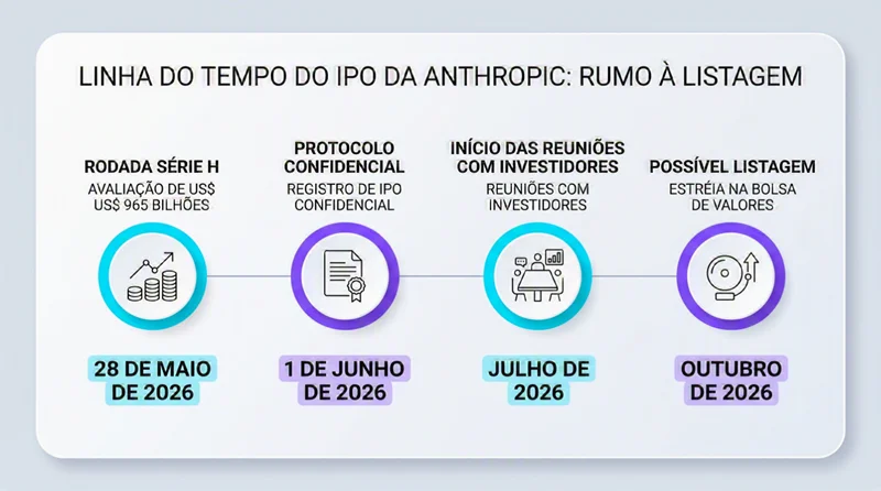 Linha do tempo mostrando as etapas do processo de IPO da Anthropic entre maio e outubro de 2026