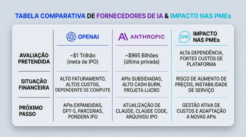 Tabela comparando a avaliacao e a situacao financeira da OpenAI e da Anthropic antes do IPO