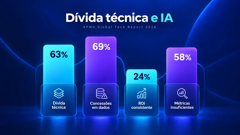 Gráfico com quatro dados do KPMG Global Tech Report 2026 sobre dívida técnica e ROI de IA nas empresas