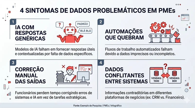 Infográfico com os 4 sintomas de dados desorganizados que impedem PMEs de ter resultados reais com IA