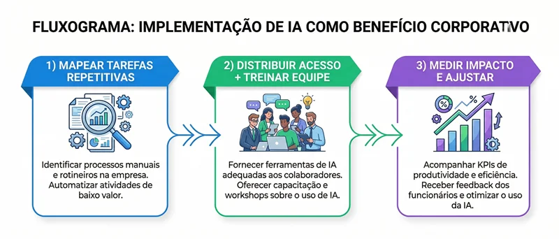 Diagrama com três etapas para implementar inteligência artificial como benefício para funcionários em pequenas e médias empresas