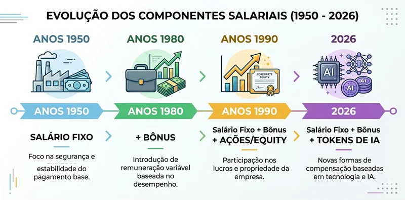 Infográfico mostrando evolução histórica dos componentes salariais até tokens de IA como quarto elemento em 2026